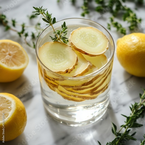 Ginger and lemon water in a glass with fresh thyme garnish.