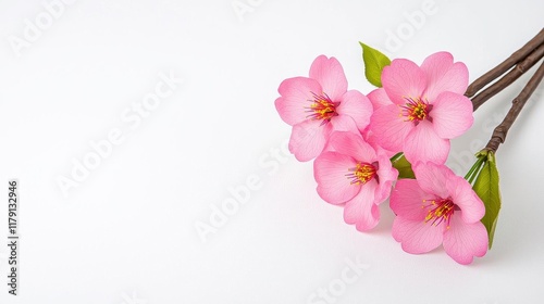 A photostock of pink cherry blossoms blooming gracefully on a branch, isolated on a clean white surface, symbolizing spring and renewal. High Quality