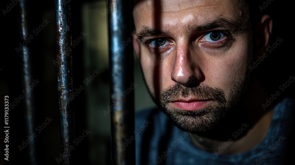 Close-up of a man's face behind prison bars, showing sadness and despair.