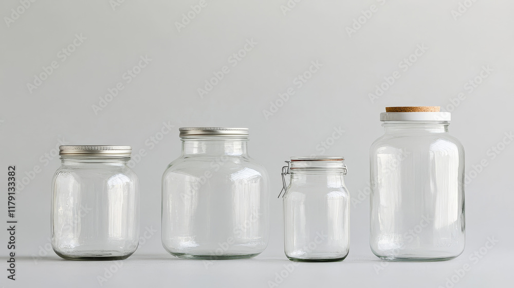 Glass jars with lids realistic mockup, vector food packages. Empty clear bottle containers and transparent pots with metal and plastic screw caps 3d template of food canning and storage design Glass jars with lids realistic mockup, vector food packages. Empty clear bottle containers and transparent pots with metal and plastic screw caps 3d template of food canning and storage design