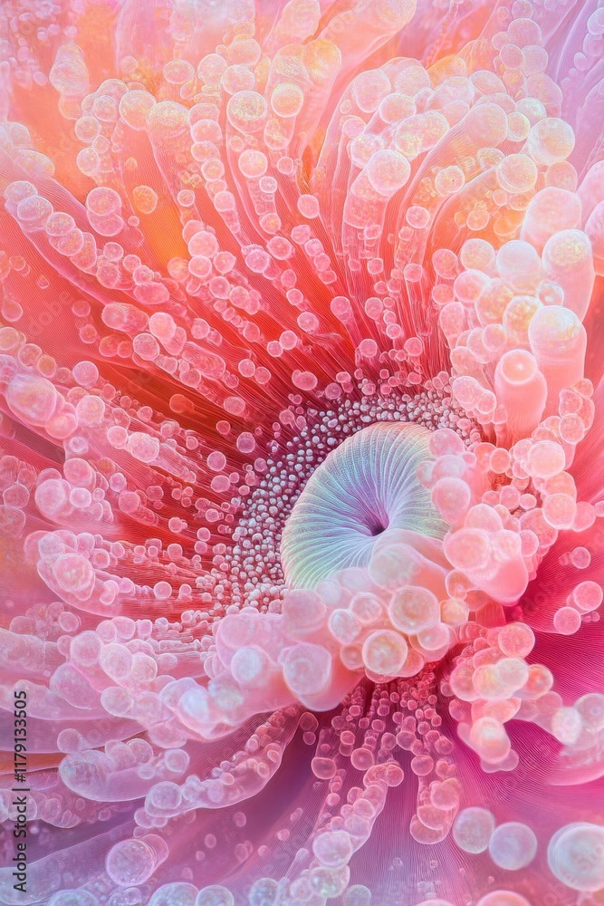 Obraz premium Underwater exploration reveals a vibrant pink anemone with intricate spiral symmetry amidst a colorful coral reef at a serene marine landscape