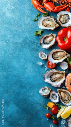 Elegant seafood arrangement showcasing oysters and crab legs on a vibrant blue backdrop photo