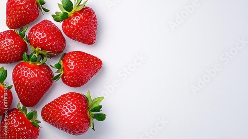 A photostock of ripe red strawberries spread across a clean white background, highlighting their freshness and juiciness. High Quality photo