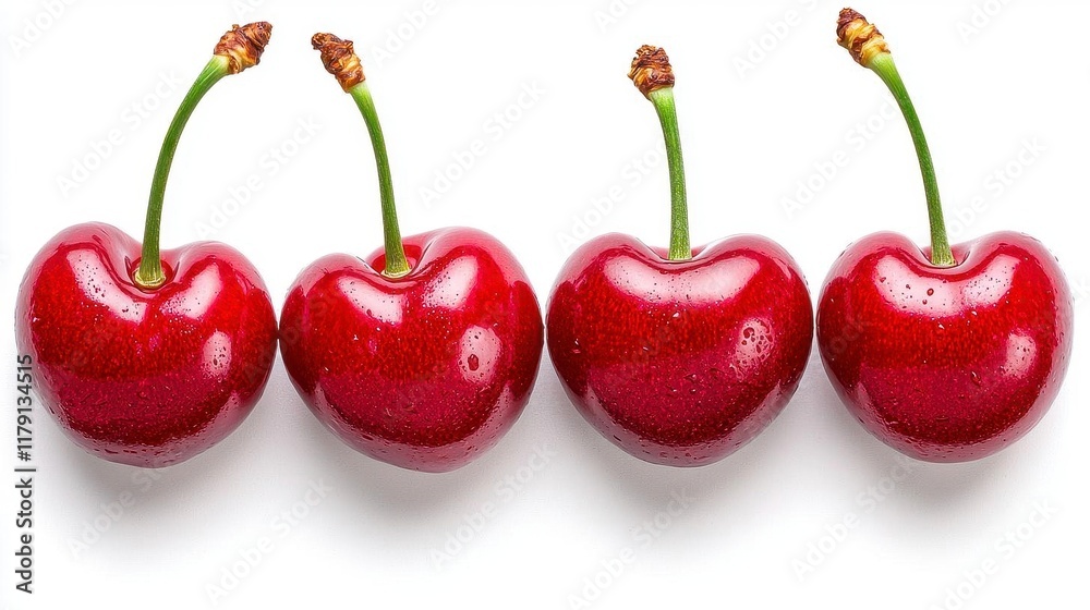 A photostock of ripe, juicy cherries with vibrant red color arranged symmetrically on a clean white surface, perfect for fresh food themes. High Quality A photostock of ripe, juicy cherries with vibrant red color arranged symmetrically on a clean white surface, perfect for fresh food themes. High Quality
