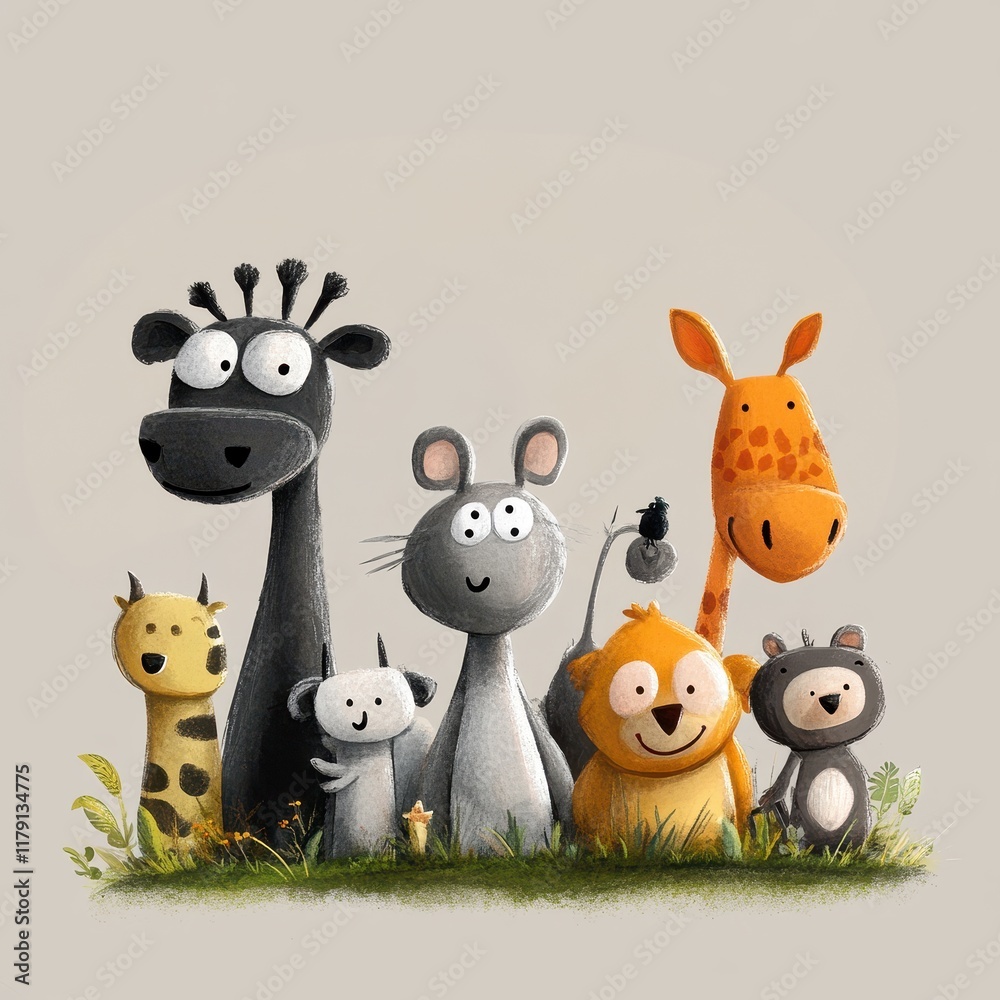 Fototapeta premium Adorable Cartoon Animals Grouped Together In Grass
