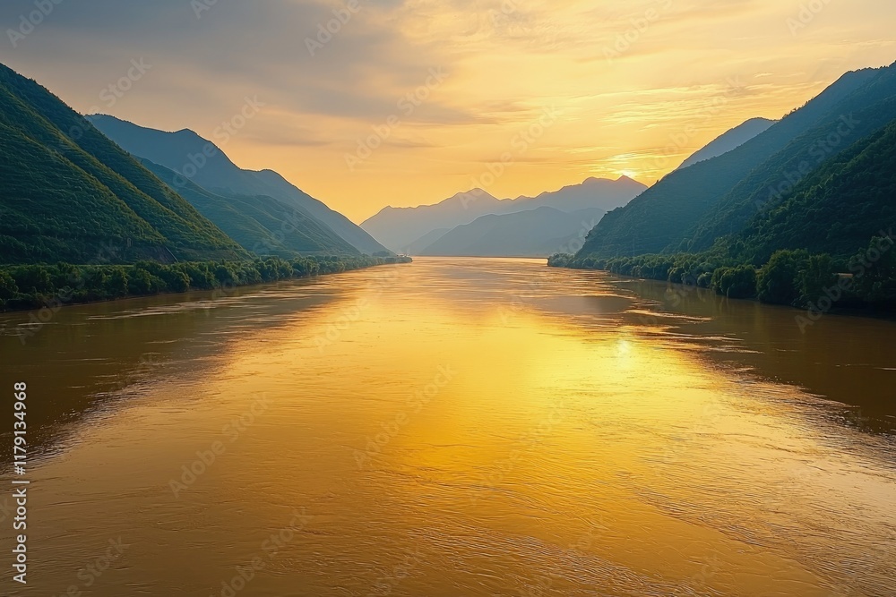 Fototapeta premium A serene view of a river encircled by mountains, offering a picturesque and tranquil natural setting.