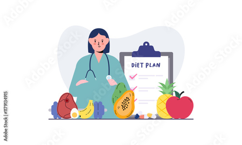 Nutritionist woman with weight loss program and diet plan. Healthy food, vitamins, sport icons