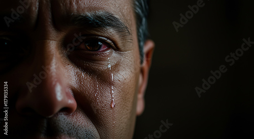 Tears, sad and portrait with middle age hispanic man in dark for depression, emotion and grief. Male person, crying and face for mental health, aging or sorrow