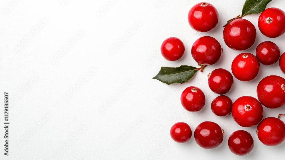 A photostock of small red cranberries scattered randomly across a clean white surface, symbolizing freshness and festive vibes. High Quality A photostock of small red cranberries scattered randomly across a clean white surface, symbolizing freshness and festive vibes. High Quality