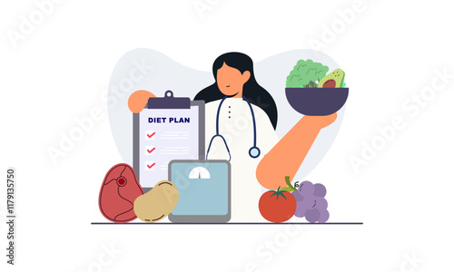 Nutritionist woman with weight loss program and diet plan. Healthy food, vitamins, sport icons