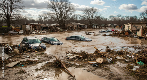 Flood, cars and water for disaster, destruction, damage and nature. Vehicle, submerged, emergency, storm, climate change and crisis with pollution, risk, rain and impact outdoor photo