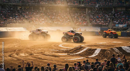 Monster truck, competition and arena with crowd for race, sport, event and entertainment. Vehicle, action, performance, offroad, power and spectacle with show, speed and excitement outdoor