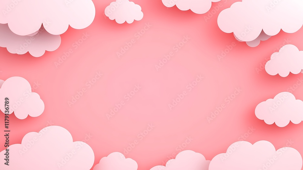 Pink paper clouds frame a pastel background Pink paper clouds frame a pastel background
