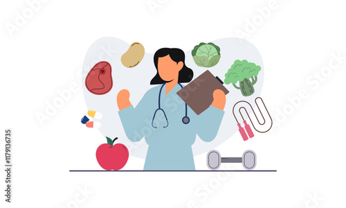 Nutritionist woman with weight loss program and diet plan. Healthy food, vitamins, sport icons