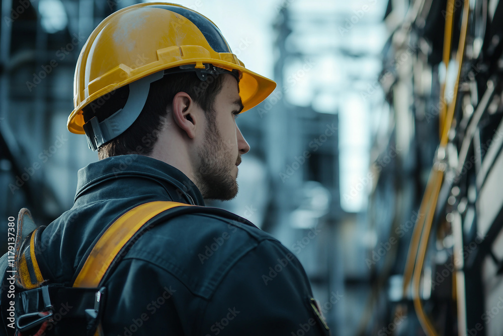 An electrician wearing a helmet as a safety measure carries out maintenance or repair of LED lights, genertative ai An electrician wearing a helmet as a safety measure carries out maintenance or repair of LED lights, genertative ai