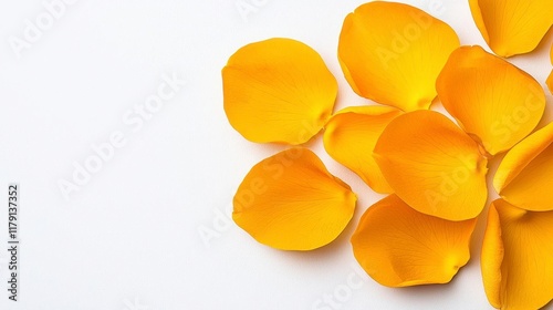 A photostock of soft yellow petals scattered on a clean white background, symbolizing delicacy and freshness. High Quality