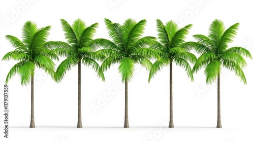 A photostock of symmetrical rows of tropical palm trees set against a bright white background, ideal for exotic designs. High Quality photo