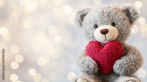 Soft teddy bear holding a red heart on a blurred background of warm lights during a cozy evening. Valentine's Day