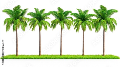 A photostock of symmetrical rows of tropical palm trees set against a bright white background, ideal for exotic designs. High Quality photo