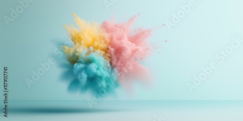 Colorful powder explosion creates a vibrant effect in a serene setting with soft lighting