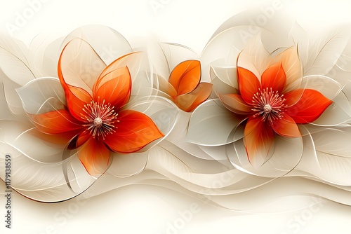 Orange flowers with translucent petals on white background.