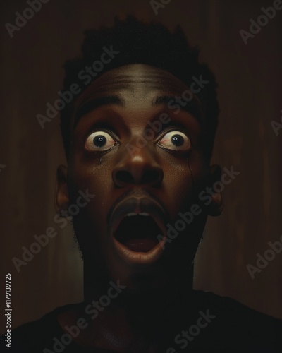 Close-up portrait of a young Black man with a shocked, surprised expression, wide eyes, and open mouth, set against a dark background.