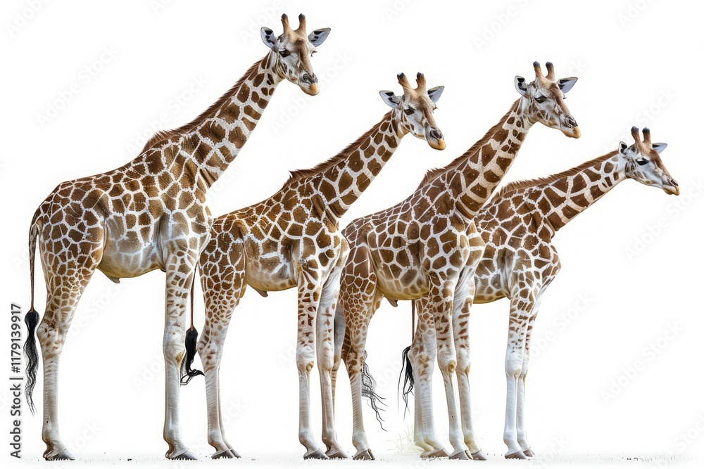 Four Giraffes Standing Side by Side, Facing the Right in Isolated on Transparent Background Four Giraffes Standing Side by Side, Facing the Right in Isolated on Transparent Background