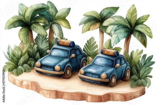 Two cartoon-style police cars surrounded by tropical plants and palm trees.