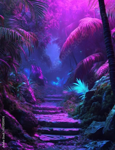 Explore the vibrant neon jungle with glowing palm trees and a mossy stone path through a fantastical tropical forest