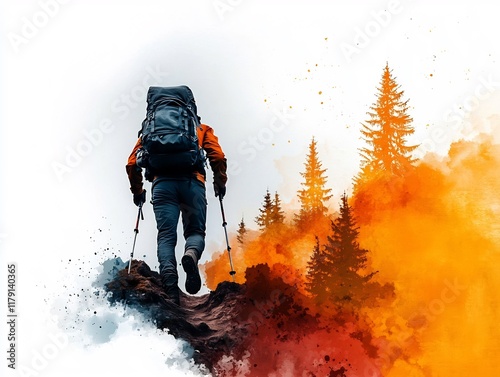 Adventurous hiker ascending steep winding mountain trail equipped with hiking gear and supplies pushing forward with unwavering resolve awe inspiring alpine scenery in vibrant colors photo