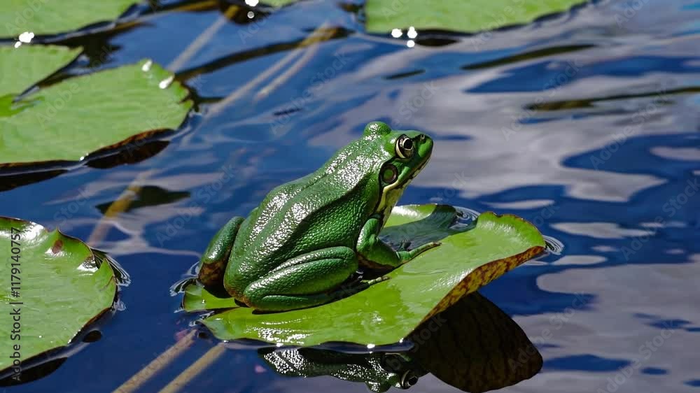 Frog in the pond on a Lily Pad in a Tranquil Pond