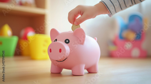 Pink Piggy Bank for Savings with a Child's Hand
