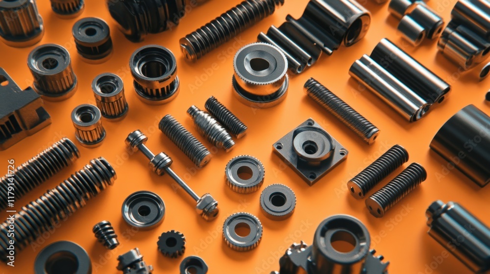 Heavy machinery components placed on a solid orange backdrop Heavy machinery components placed on a solid orange backdrop