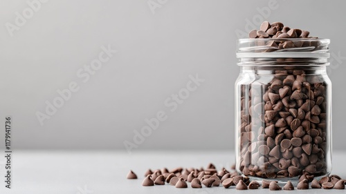 Glass jar filled with chocolate chips on gray background