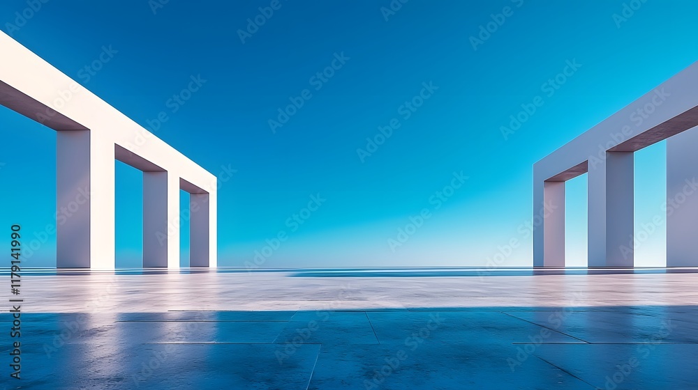 Fototapeta premium Sleek Modern Abstract Architecture with Empty Concrete Floor Against Clear Blue Sky