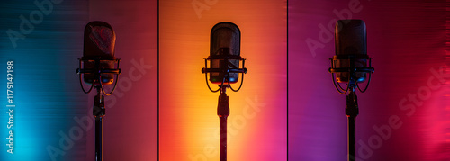 Podcast Recording Setup with Microphones on Dark Background

 photo