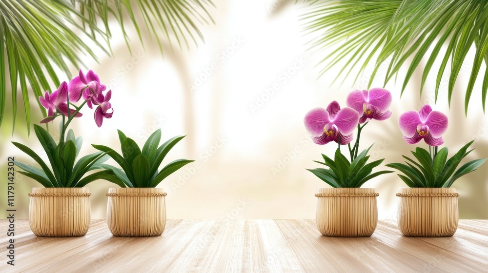 Fototapeta premium Lush orchids in eco-friendly bamboo pots set against a tropical background
