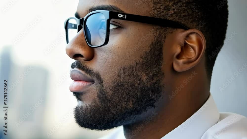 Portrait of a man wearing glasses, deep in thought with a cityscape as a backdrop during daytime