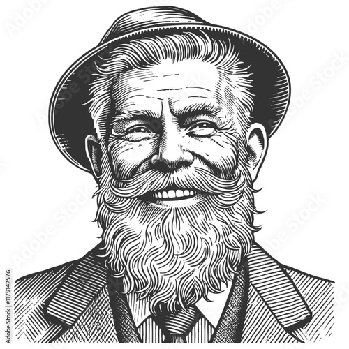 elderly man with a full beard, expressive smile, and textured hair, drawn in vintage style sketch engraving generative ai vector illustration. Scratch board imitation. Black and white image.