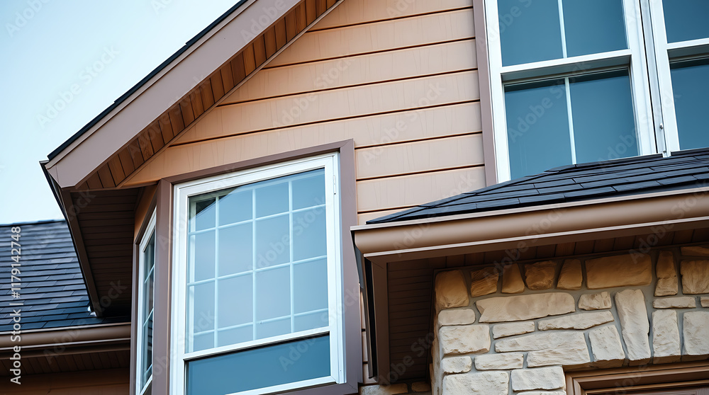 Fototapeta premium House Exterior with Bay Window and Brown Vinyl Siding