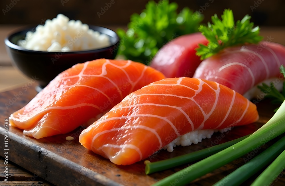 Ingredients include sushi-grade salmon and tuna, a bowl of short-grain sushi rice, fresh wasabi root, ginger slices, soy sauce in a small ceramic dish, a variety of seaweeds, a bunch of green onion Ingredients include sushi-grade salmon and tuna, a bowl of short-grain sushi rice, fresh wasabi root, ginger slices, soy sauce in a small ceramic dish, a variety of seaweeds, a bunch of green onion