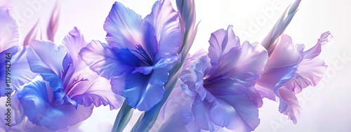 Gladiolus flowers crafted from glass exhibit a blend of purple and blue hues, showcasing intricate details in a stunning futuristic design