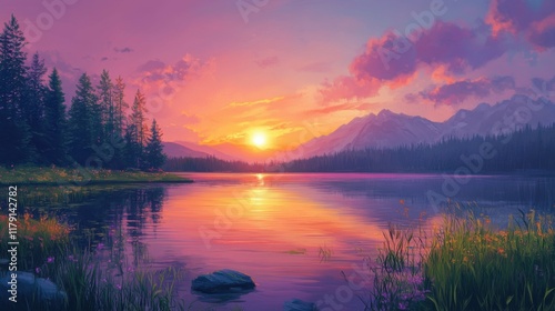 romantic sunset over tranquil lake, vibrant colors reflecting on water, serene and peaceful atmosphere, perfect for quiet contemplation