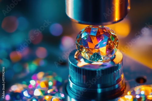 Close-up of rare gemstone under polarizing microscope, vibrant colors and intricate patterns highlighted in professional gemologist's lab