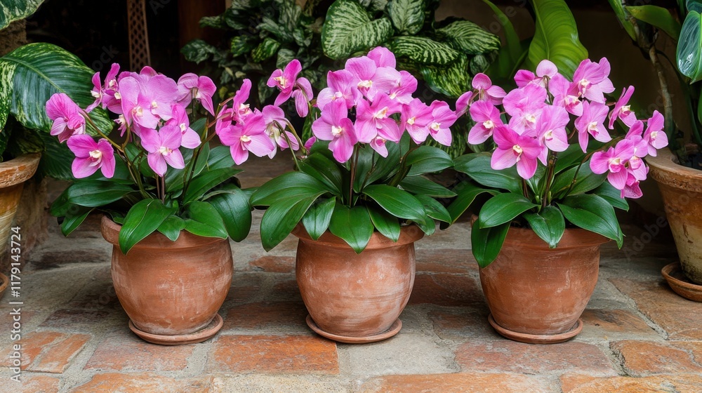 Orchids in traditional clay pots arranged in a cozy outdoor setting Orchids in traditional clay pots arranged in a cozy outdoor setting