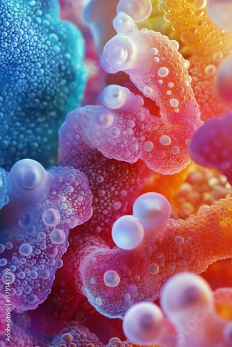 Colorful microscopic view revealing intricate organic structures resembling coral and pearls, showcasing vibrant hues and textures that evoke an underwater wonderland photo