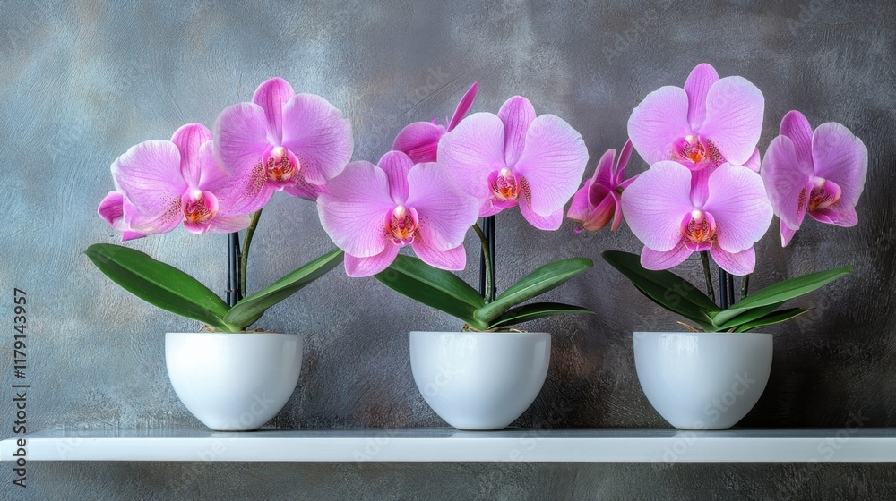Pink orchids in minimalistic white pots on a contemporary indoor shelf Pink orchids in minimalistic white pots on a contemporary indoor shelf