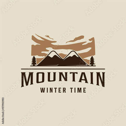 mountain at winter time logo vintage vector illustration template icon graphic design. adventure or wildlife concept sign or symbol for nature with retro typography
