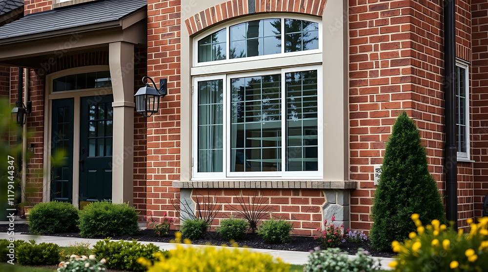 Brick house exterior with a large arched window, dark-green double door, and landscaping including yellow and green plants. The house features light-colored trim and wall-mounted exterior lights. Brick house exterior with a large arched window, dark-green double door, and landscaping including yellow and green plants. The house features light-colored trim and wall-mounted exterior lights.