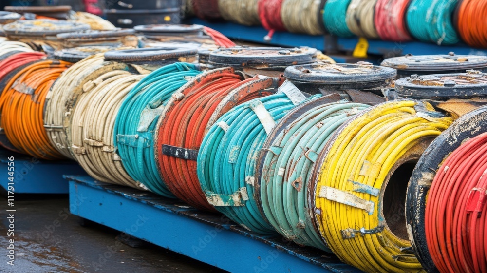 Stacks of industrial cables coiled neatly on a dark blue background Stacks of industrial cables coiled neatly on a dark blue background